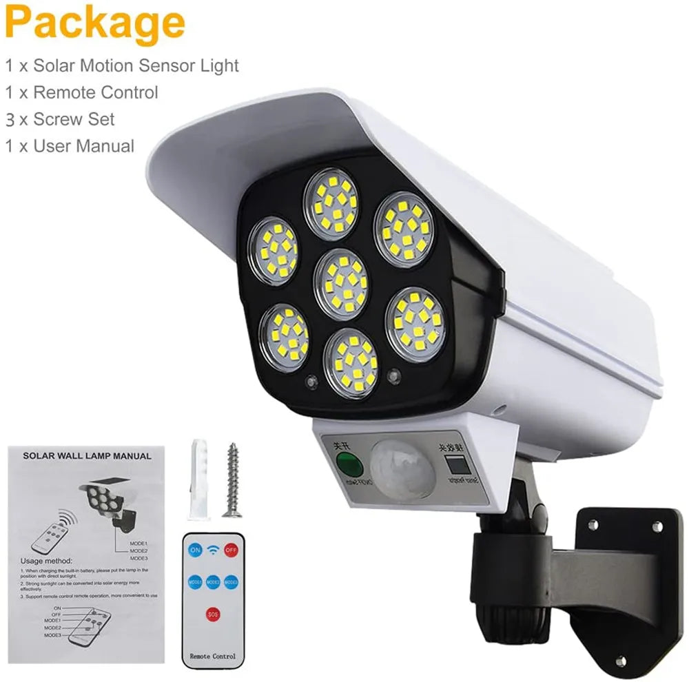 Outdoor Solar Light Motion Sensor Security Dummy Camera Wireless Flood Light IP65 Waterproof 77 LED Lamp 3 Mode For Home Garden