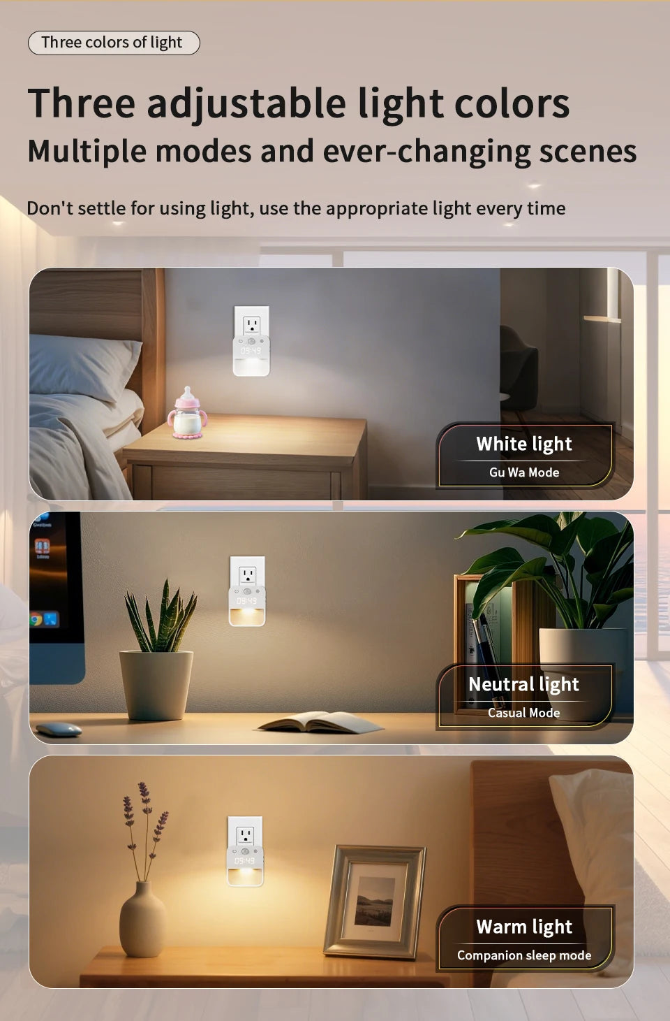 Motion Sensor LED Night Light with Time Display EU and US Socket Plug-in Wall Lamp Smart Sensing Light for Hallway Stair Bedroom