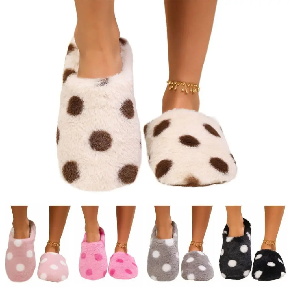 Silent Shoe Sole Soft Sole Plush Slide Slippers Casual Lightweight Dots Fur Slipper Anti-slip Patchwork House Flat Shoes Female