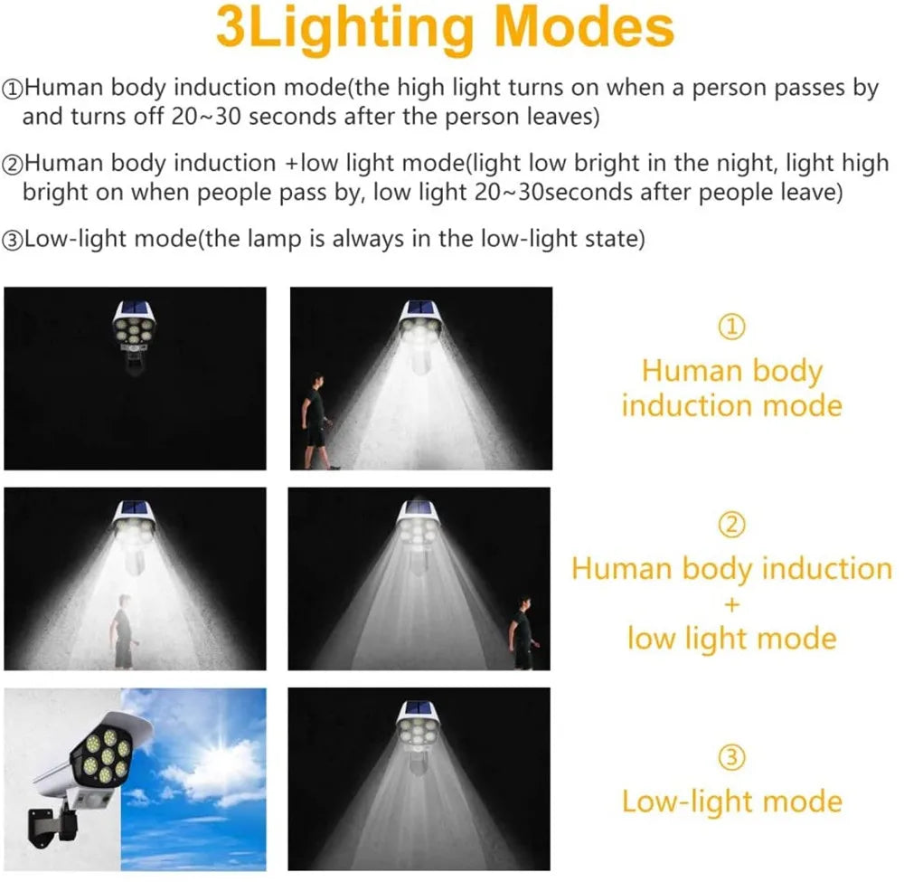 Outdoor Solar Light Motion Sensor Security Dummy Camera Wireless Flood Light IP65 Waterproof 77 LED Lamp 3 Mode For Home Garden