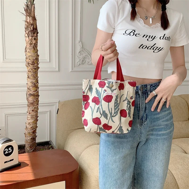 Women's Beauty Flower Canvas Bag Outside Shopping Toiletry Phone Oagnzier Storage Bags Korean Cloth Handbags Lunch Box Bento Bag