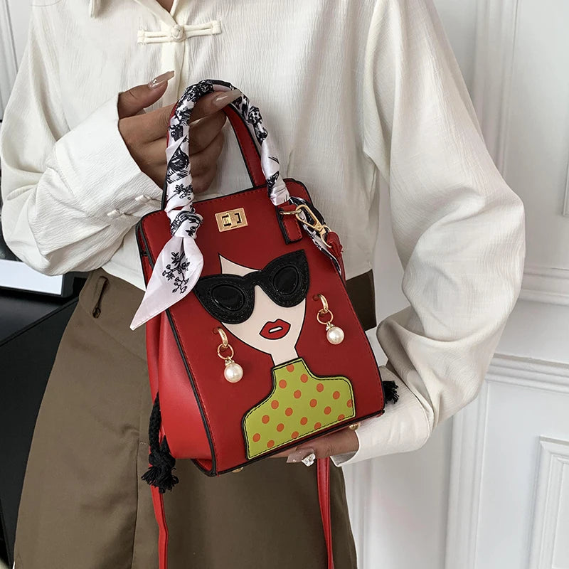 2024 Brand Beauty Glasses Handbags for Women High Quality PU Shoulder Bag Cute Scarf Purses and Crossbody Bag