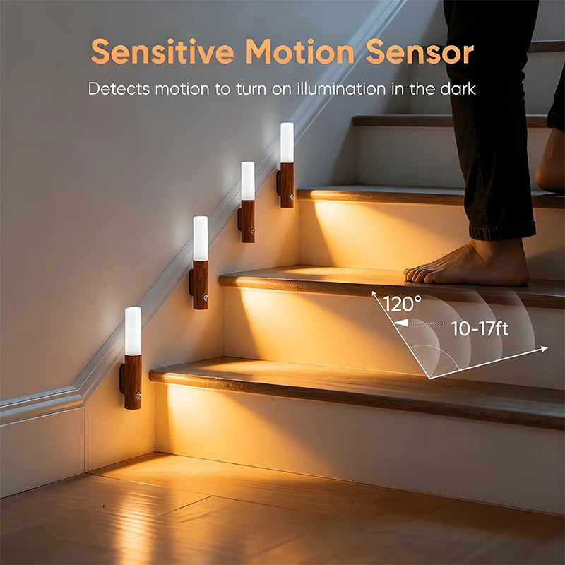 Motion Sensor Night Light USB Rechargeable Magnetic LED Wall Light for Indoor Wooden Wall Lamp Wardrobe Light Corridor Stairs
