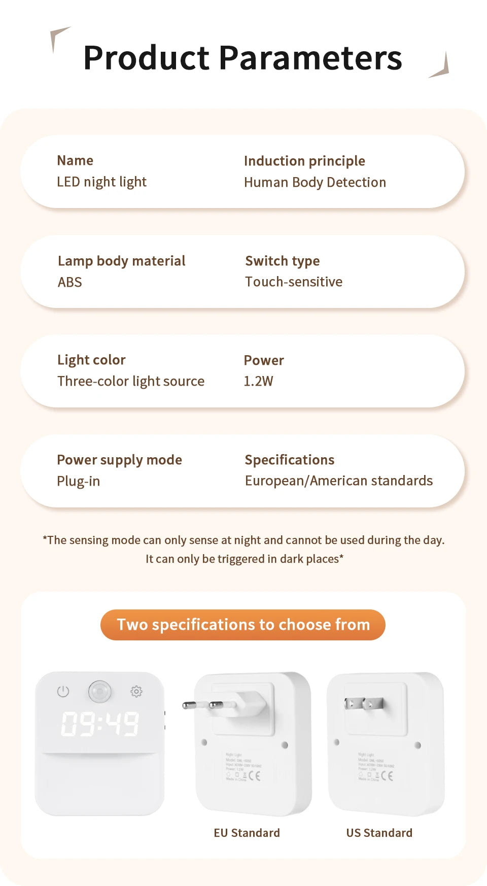 Motion Sensor LED Night Light with Time Display EU and US Socket Plug-in Wall Lamp Smart Sensing Light for Hallway Stair Bedroom