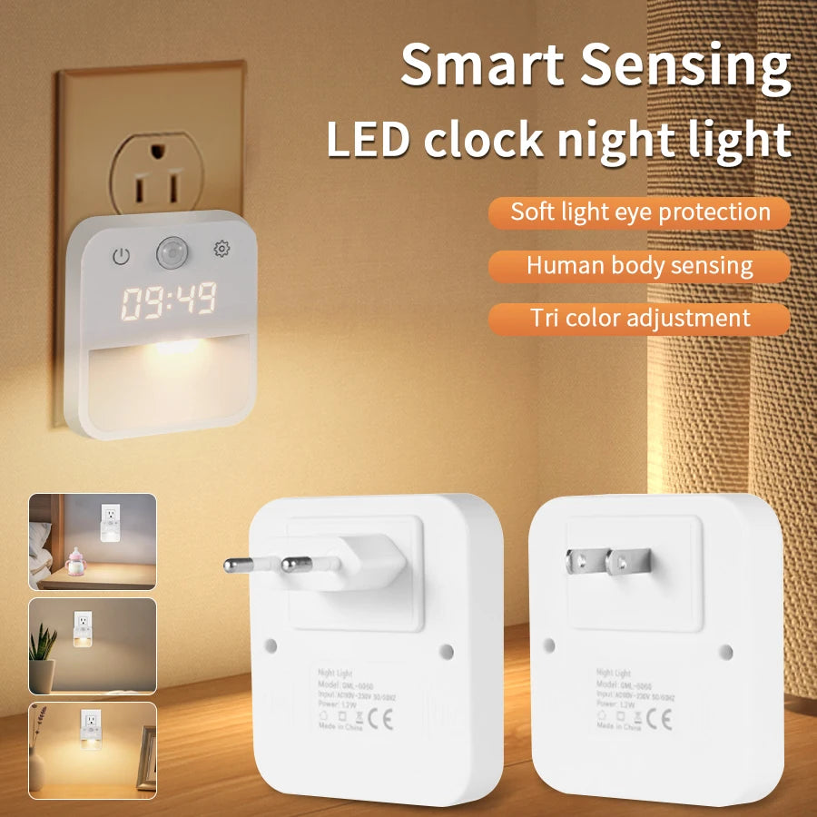 Motion Sensor LED Night Light with Time Display EU and US Socket Plug-in Wall Lamp Smart Sensing Light for Hallway Stair Bedroom