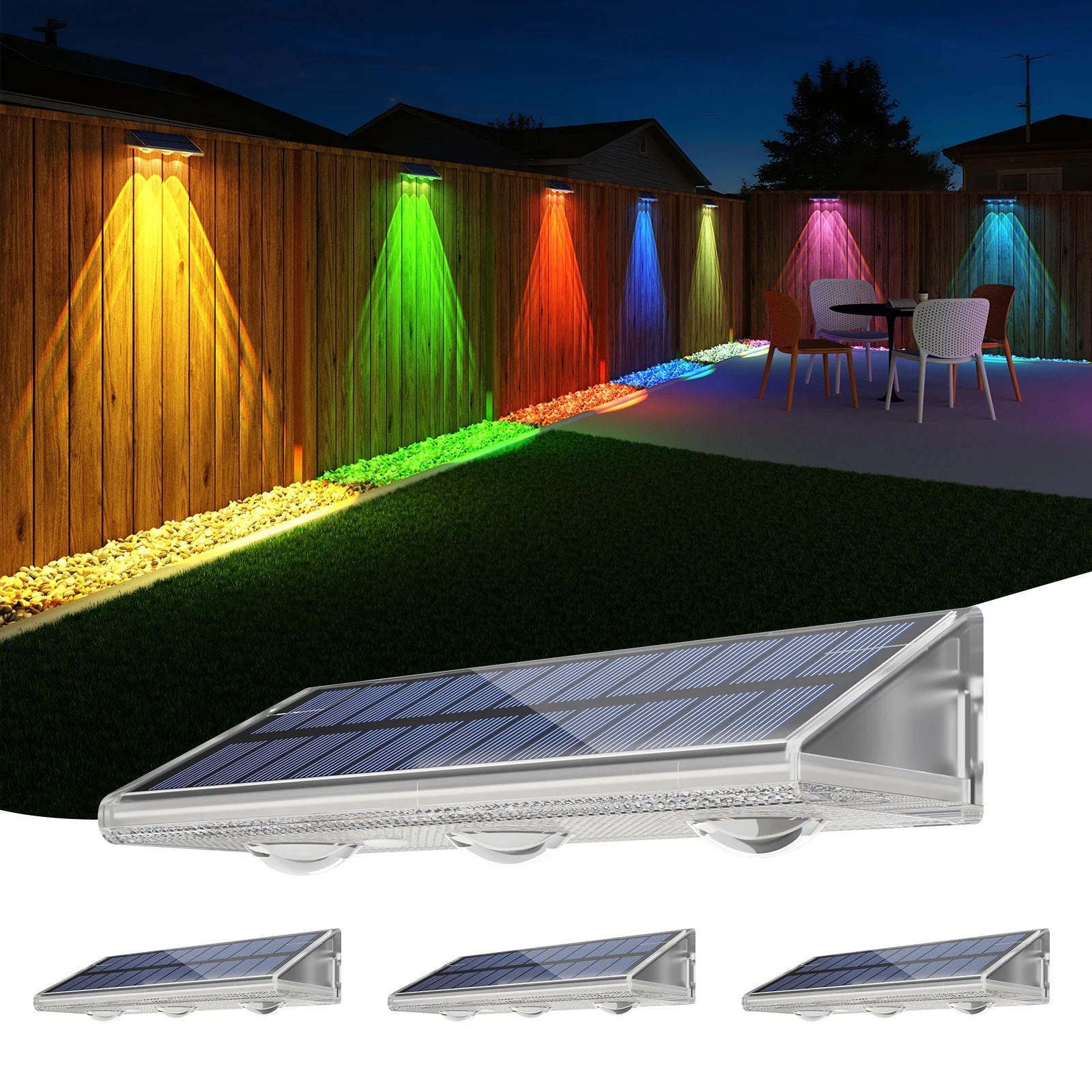 High-end Solar LED Fence Light IP66 Waterproof Auto ON OFF Warm White 6 Colors 7 Modes Solar Wall Lamp for Backyard Outside