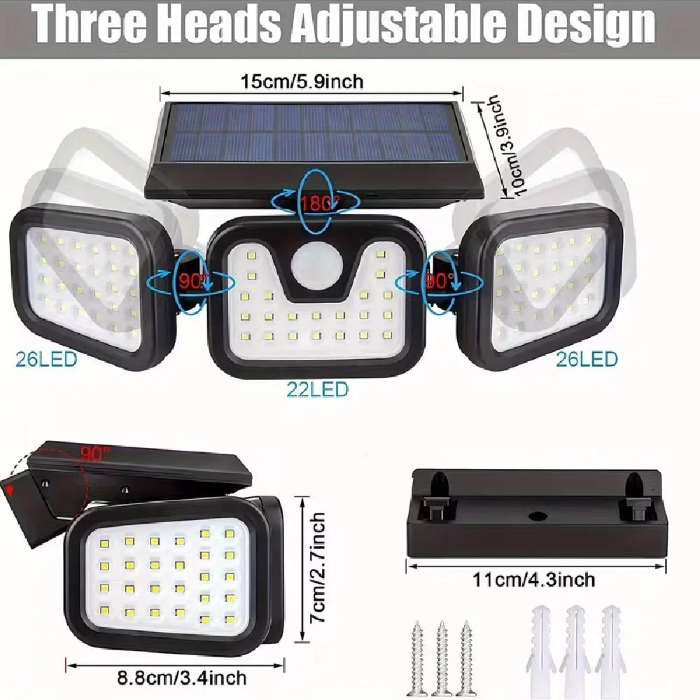 Solar-powered Outdoor Motion-sensor Lights 3-head 270° Wide-angle Security Lights for Yards Patios Garages Driveways Lighting