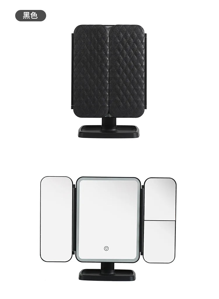 Smart LED Makeup Mirror 270° Rotatable Tri-Fold Vanity Mirror Touch Screen Dimmable Rechargeable Beauty Mirror for Desktop
