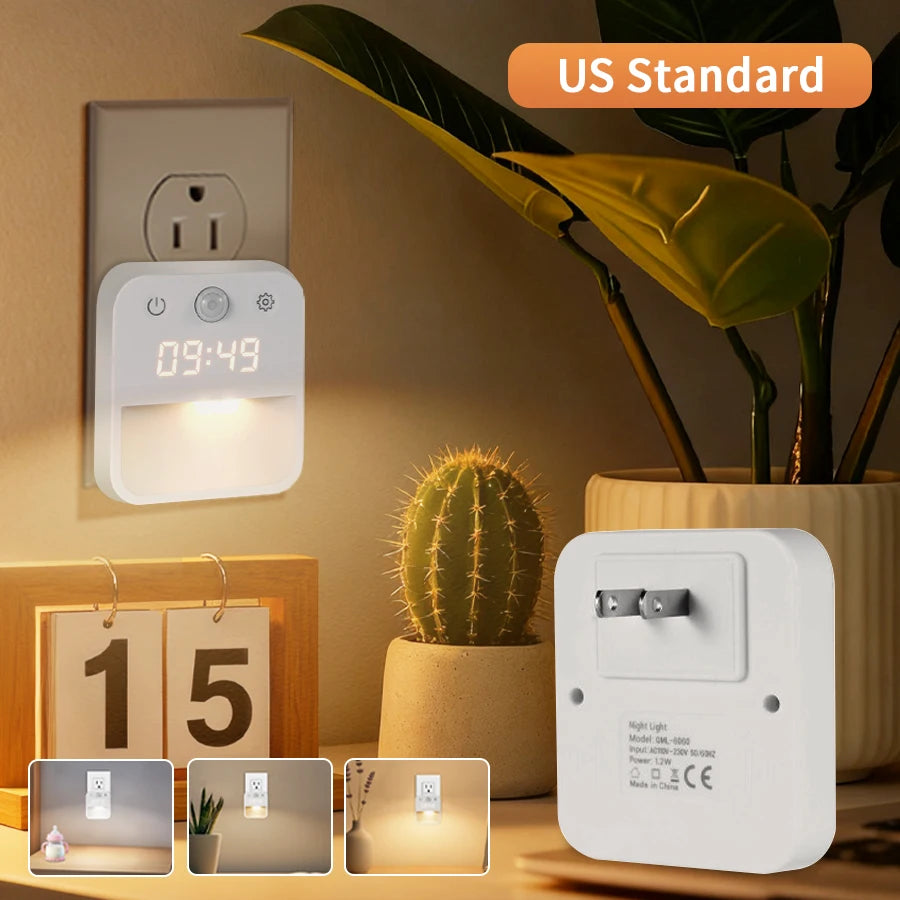 Motion Sensor LED Night Light with Time Display EU and US Socket Plug-in Wall Lamp Smart Sensing Light for Hallway Stair Bedroom