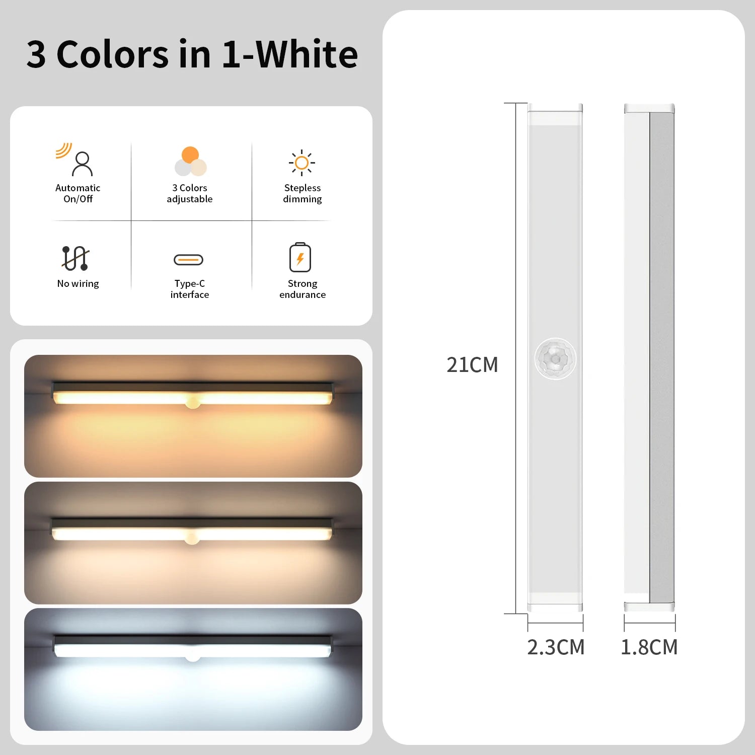 Motion Sensor Light Wireless USB Rechargeable Wall Lamp 3 Colors Dimming Kitchen Wardrobe Bedroom Closet Cabinet LED Lighting