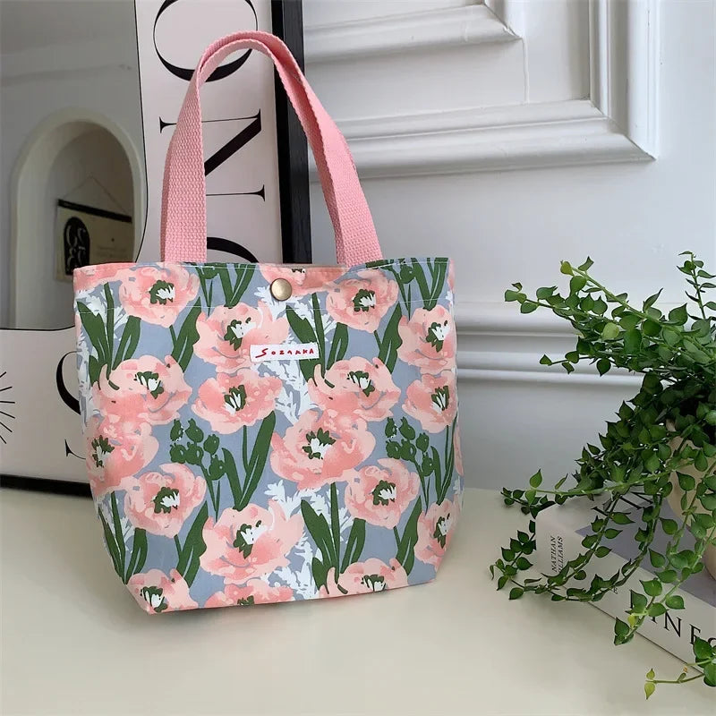 Women's Beauty Flower Canvas Bag Outside Shopping Toiletry Phone Oagnzier Storage Bags Korean Cloth Handbags Lunch Box Bento Bag