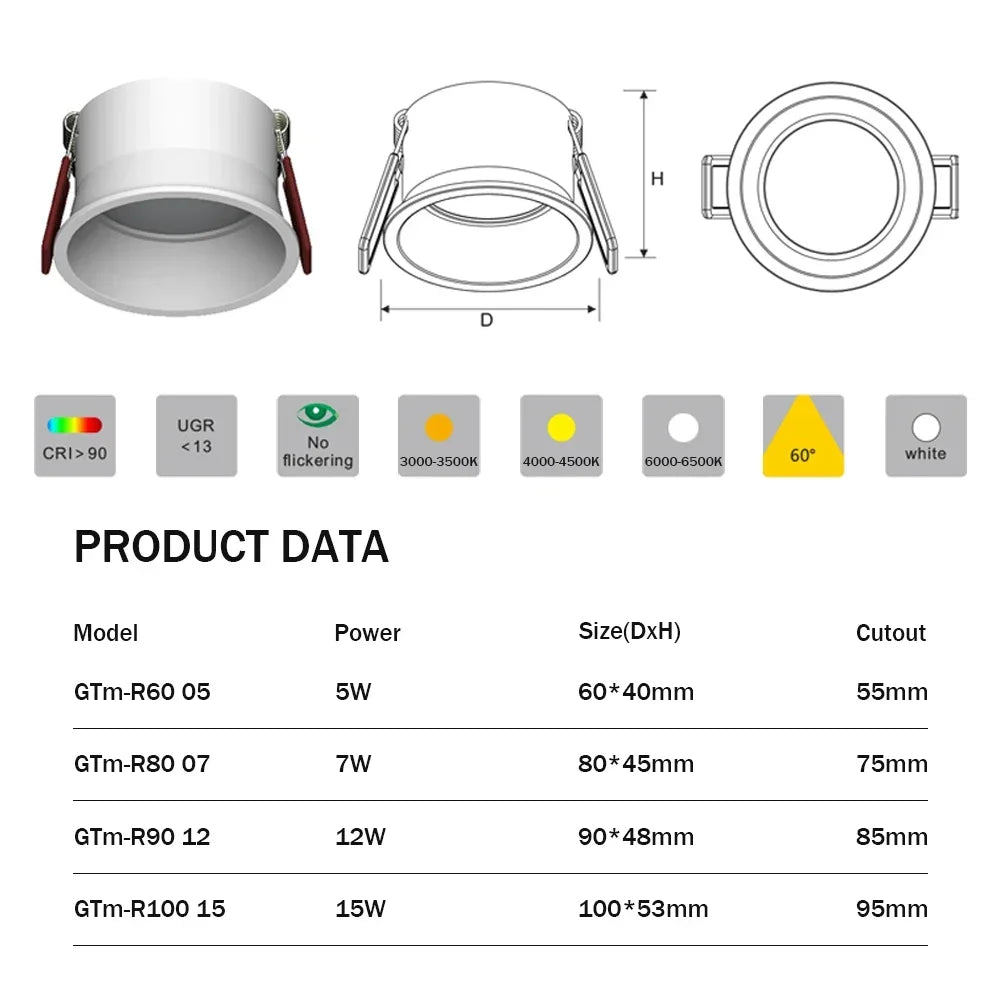 LED Downlight 15W 12W 7W 85-220V 60 Degrees Angle Anti-Glare Indoor Living Room Nordic Ceiling Recessed Spot Lights