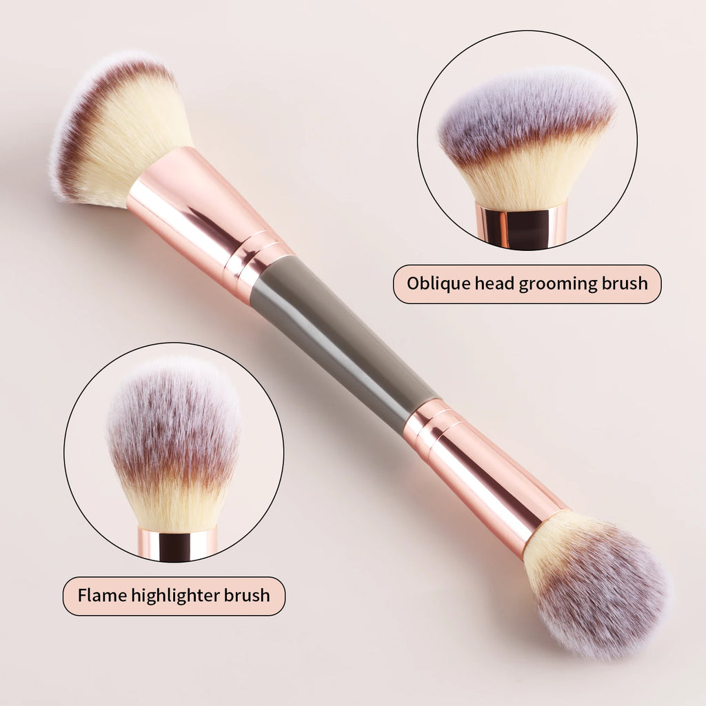 Single Dual-Ended Beauty Brush, Round Blending Brush + Angled Blush Brush Soft Bristle Makeup Tool