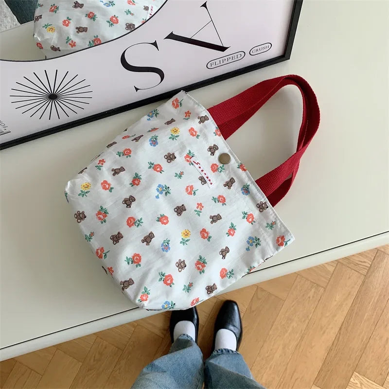 Women's Beauty Flower Canvas Bag Outside Shopping Toiletry Phone Oagnzier Storage Bags Korean Cloth Handbags Lunch Box Bento Bag