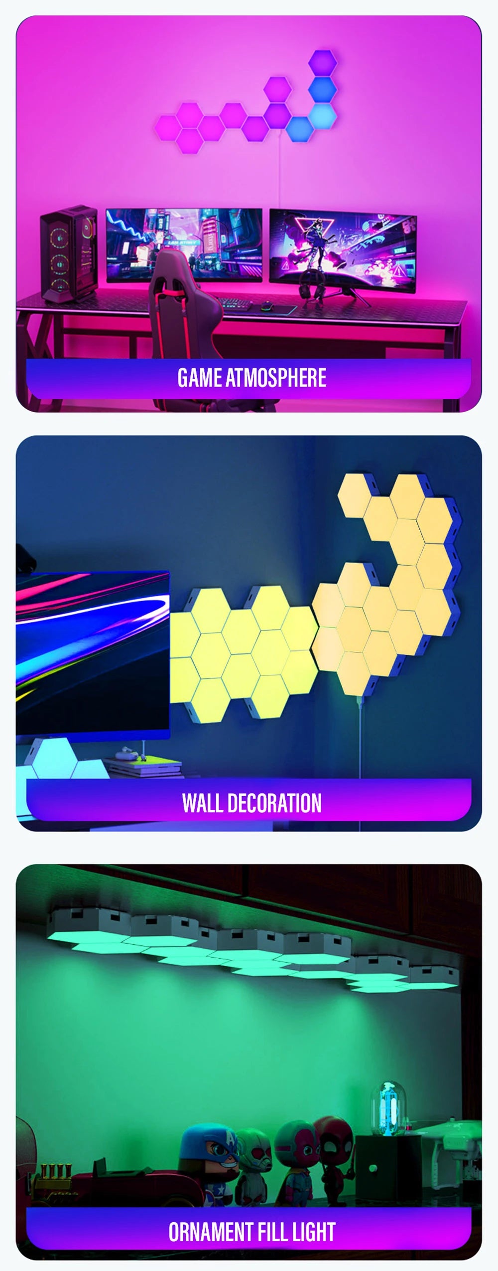 Smart LED RGB Wall Lamp Hexagonal Quantum Night Light - APP & Bluetooth Control Creative Home Decorative Lighting for Room
