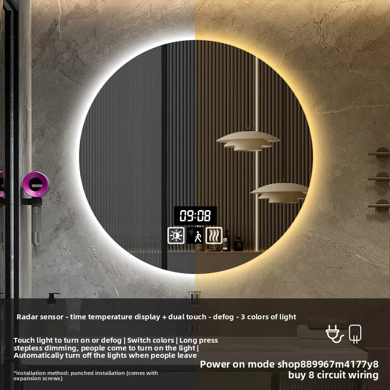 19 Inches Led Bathroom Anti-fog Luminous Makeup Sensor Wall Hanging Shower  Fashion Hotel Round Bathroom Mirror Intelligent