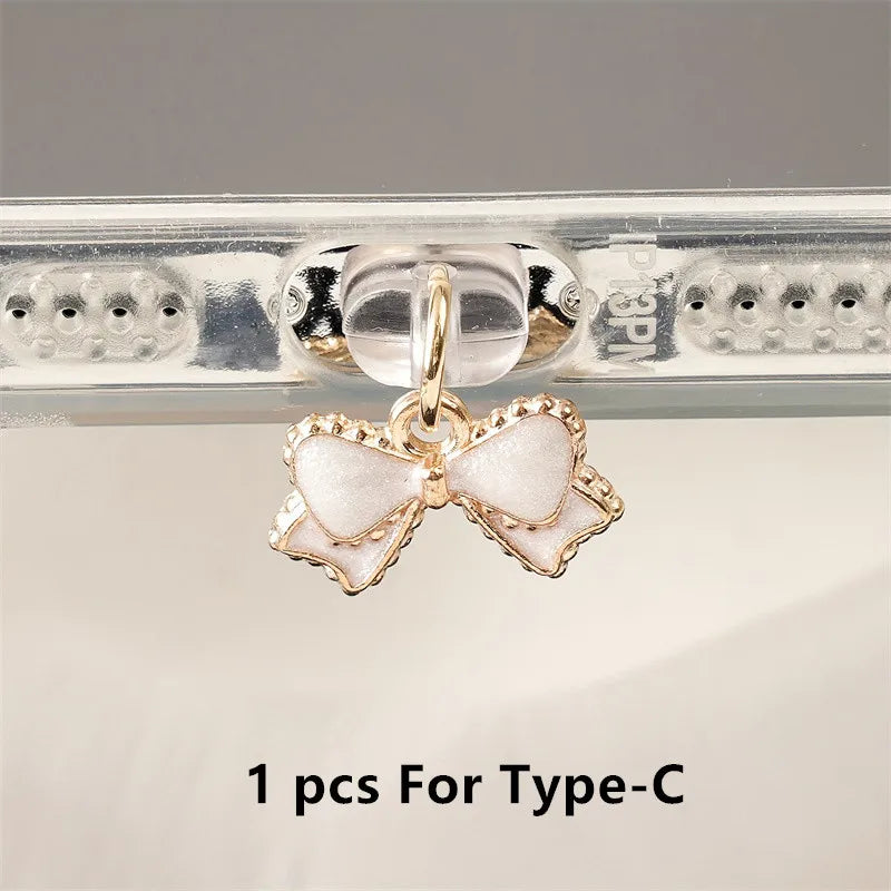 1pc Beautiful Pink and White Bowknot Phone Dust Plug for iPhone/Type-C /Android Mobile Phone Pendant Accessories Gift for Lovers
