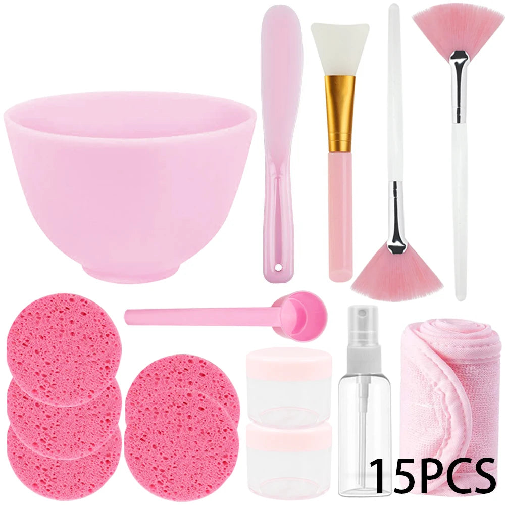 15pcs Face Skin Care Set Beauty Tools Mask Mixing Bowl Silicone Facial Mask Brushes Compressed Facial Sponges Spray Beauty Tool