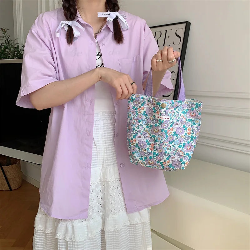 Women's Beauty Flower Canvas Bag Outside Shopping Toiletry Phone Oagnzier Storage Bags Korean Cloth Handbags Lunch Box Bento Bag
