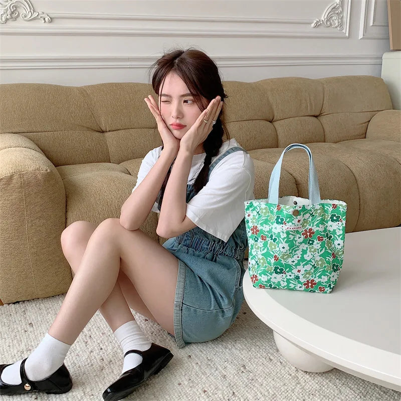 Women's Beauty Flower Canvas Bag Outside Shopping Toiletry Phone Oagnzier Storage Bags Korean Cloth Handbags Lunch Box Bento Bag