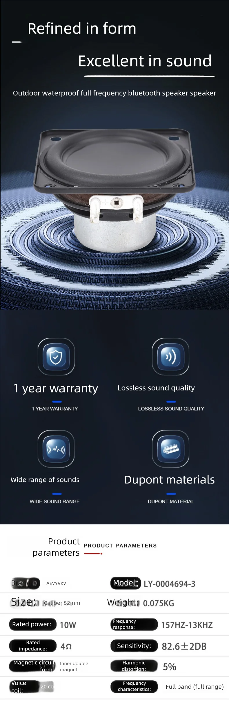 Bluetooth Speaker 2in Square Shaped, Rubber-Edged, 20-Core, 4Ω, 10W, Neodymium Iron Boron Internal Dual Magnet, IPX5 Waterproof