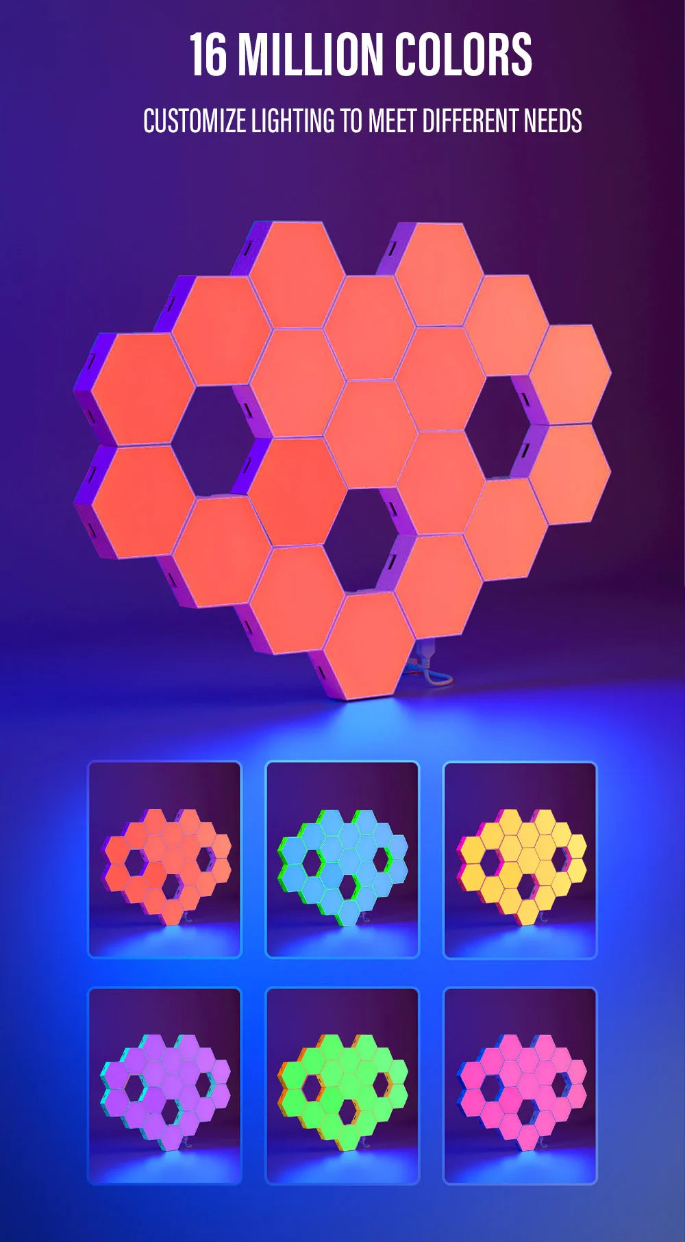 Smart LED RGB Wall Lamp Hexagonal Quantum Night Light - APP & Bluetooth Control Creative Home Decorative Lighting for Room