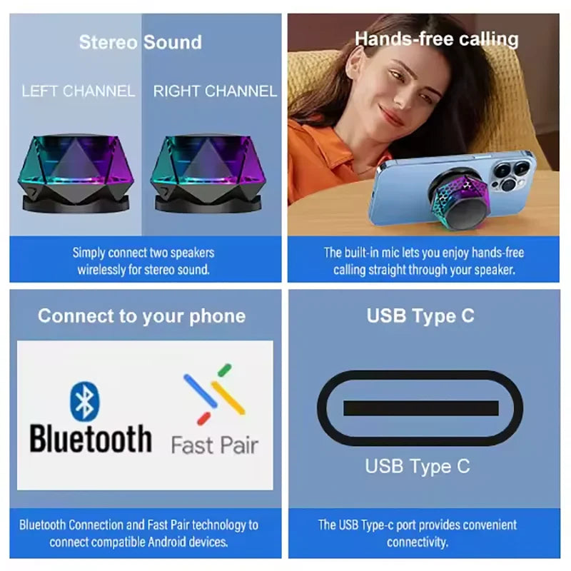 Portable Bluetooth Speakers 5W for Mobile Phone  Multifunctional RGB Led Light Tws Stereo Magnetic Portable Wireless Speaker
