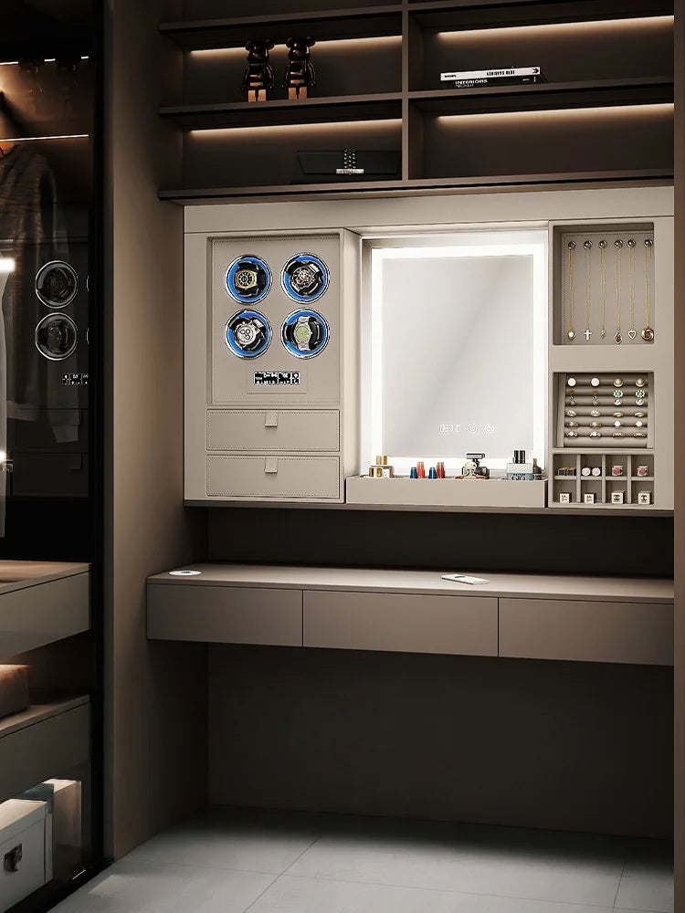 Smart Modern Dressing Table LED Lighted Mirror Intelligent Wardrobe Accessories for Bedroom Bathroom Metal Storage Wood Panel