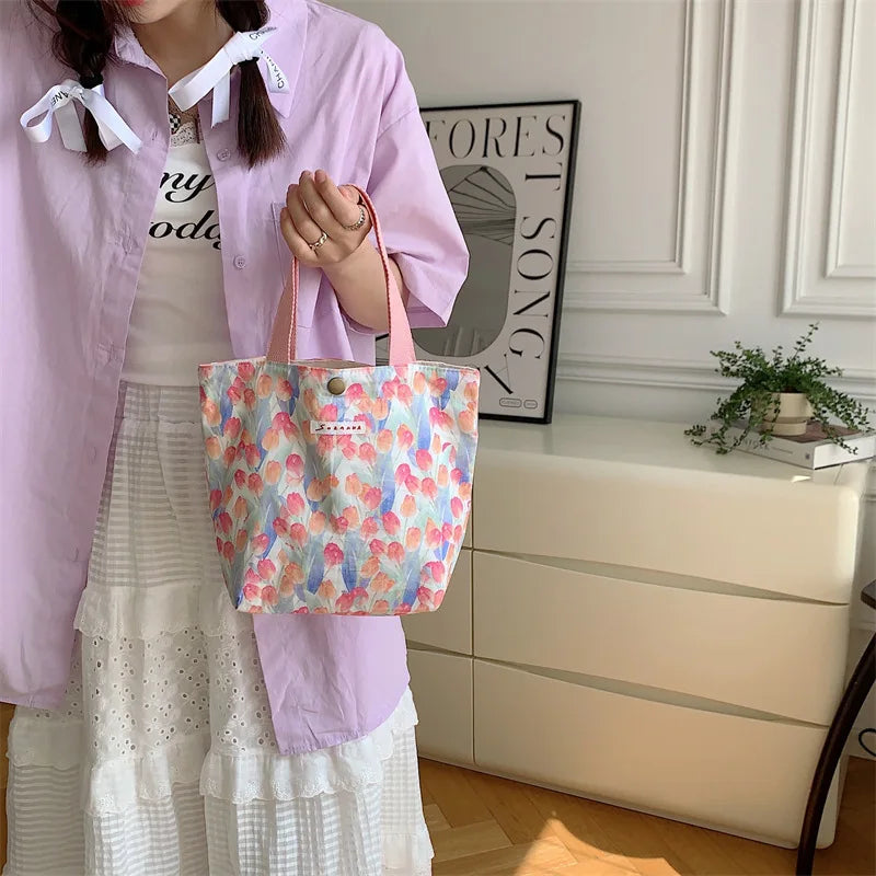 Women's Beauty Flower Canvas Bag Outside Shopping Toiletry Phone Oagnzier Storage Bags Korean Cloth Handbags Lunch Box Bento Bag