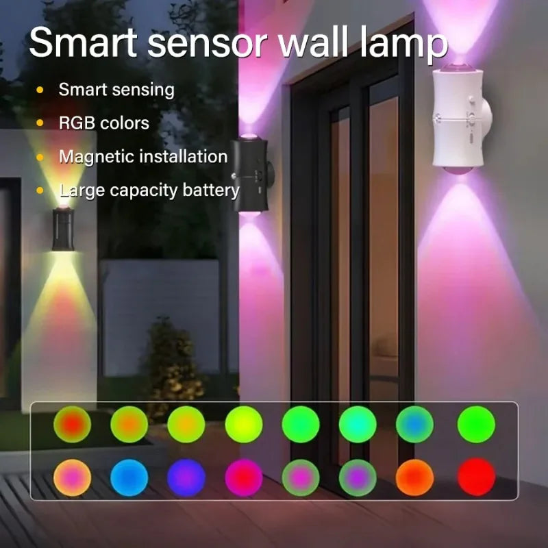 Motion Sensor LED Wall Light Tricolor RGB Rechargeable Double-head Magnetic Spotlight For Bedroom Hallway Stair Ambient Lightin