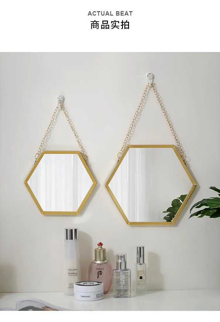 Nordic Iron Hexagonal Wall-mounted Mirror for Bathroom, Dormitory, Washbasin, Wall-mounted Makeup Mirror