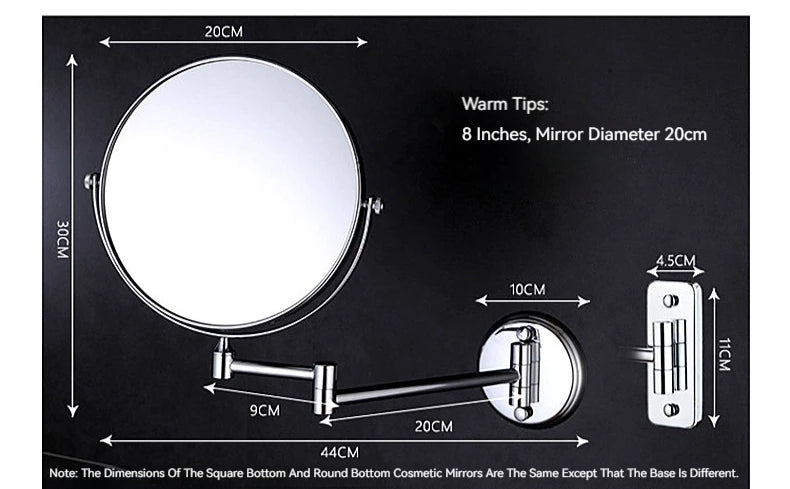 8 Inch Hotel Bathroom Extending Wall Makeup Mirror With 3x Magnification for Cosmetic or Shaving, 360 Swivel Mirrors Chrome