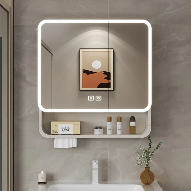 Smart LED Bathroom Mirror Cabinet - Space Aluminum Arc Wall-Mounted Organizer with Lighting Vanity Storage & Anti-Fog Technology