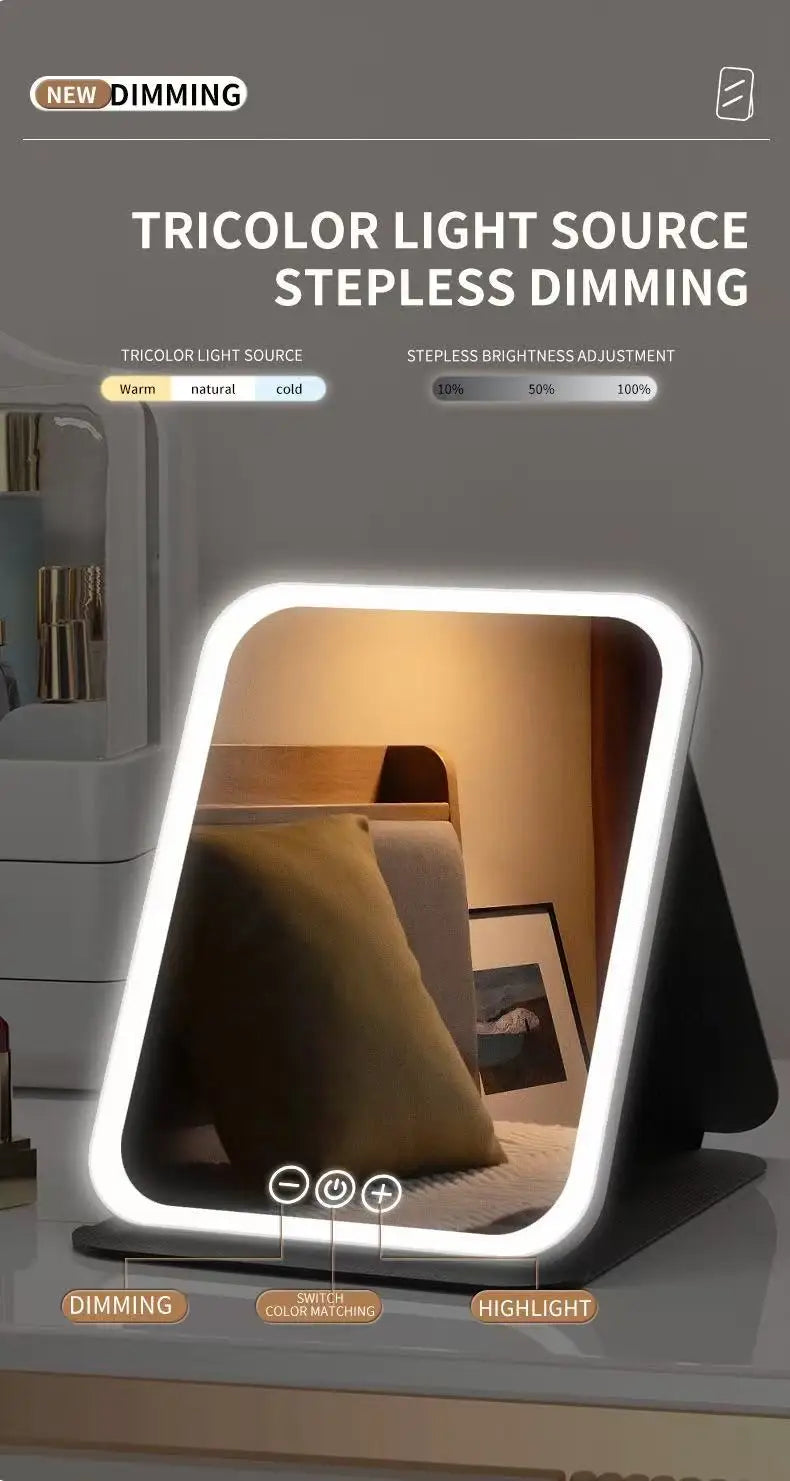 LED Makeup Mirror 3 Colors Light Portable Vanity with Adjustable Brightness USB Charging Foldable for Travel And Home Use