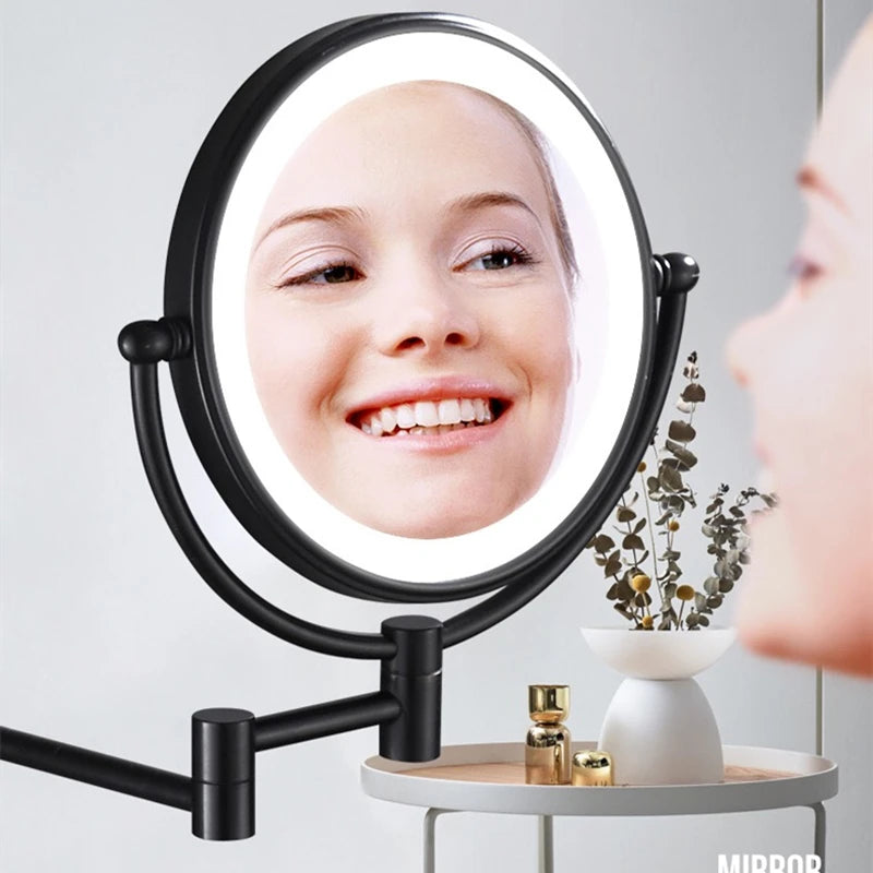 bathroom Makeup Mirrors Black/Brushed Gold Brass Wall Extending Folding Double Side LED Light Mirror Magnification Bath Mirror