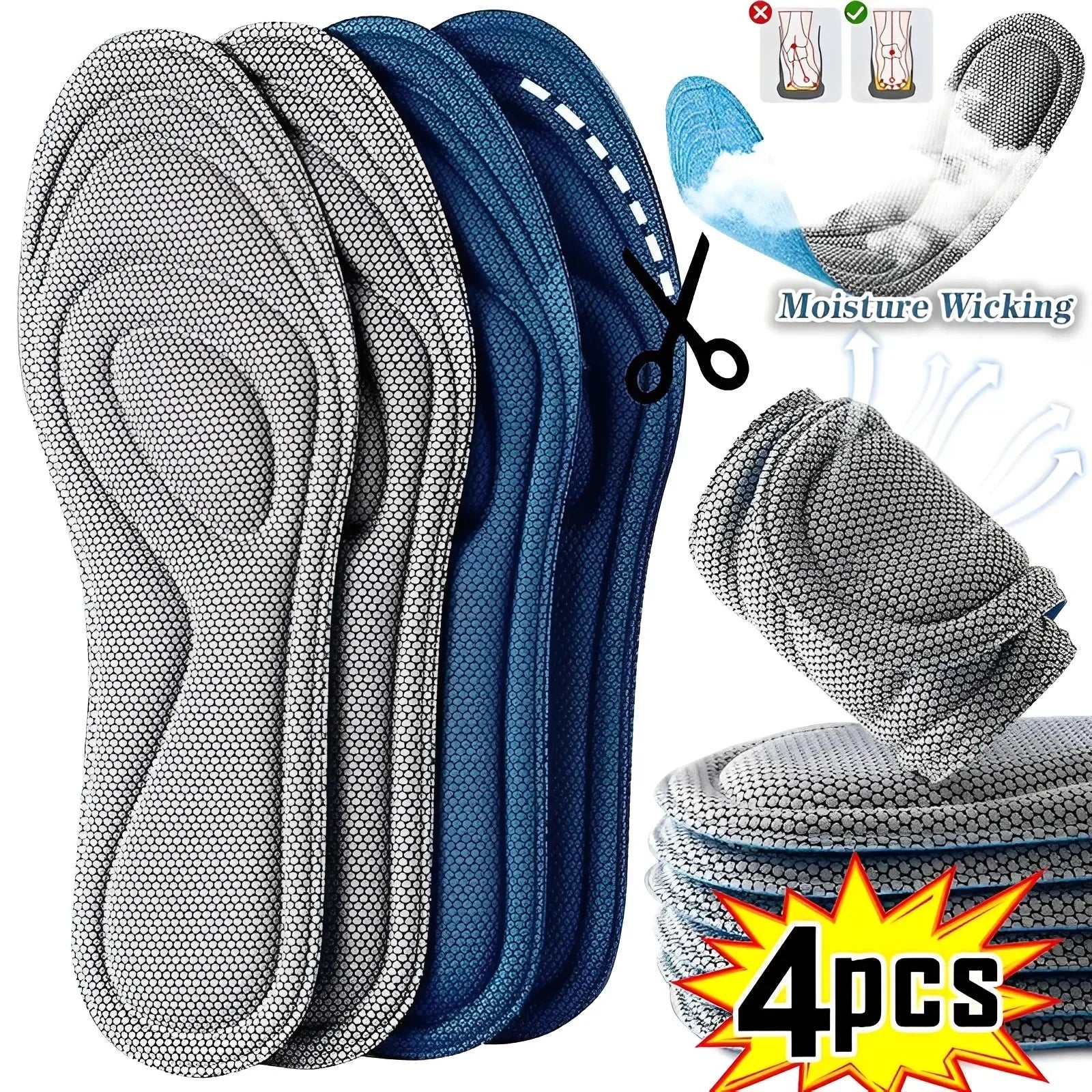 2 Pairs Memory Foam Orthopedic Insoles for Shoes Antibacterial Deodorization Sweat Absorption Insert Sport Shoes Running Pads