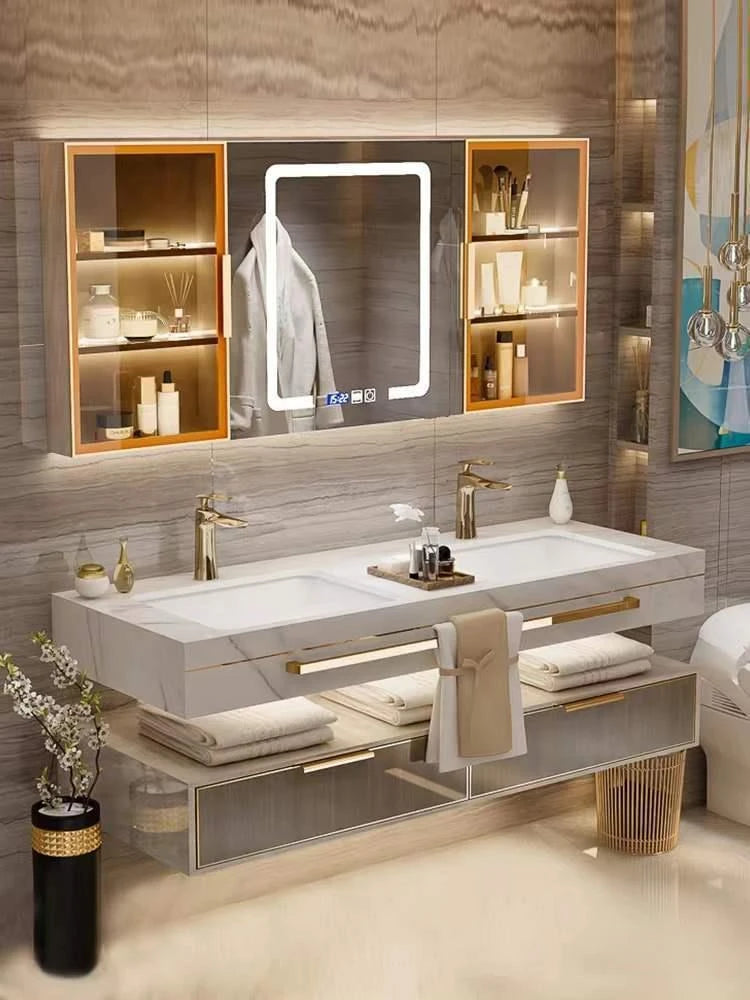 Modern Slate Bathroom Cabinet with Double Washbasin Smart Mirror Ceramic Bathroom Vanity Cabinets Under Sink Bathroom Furniture