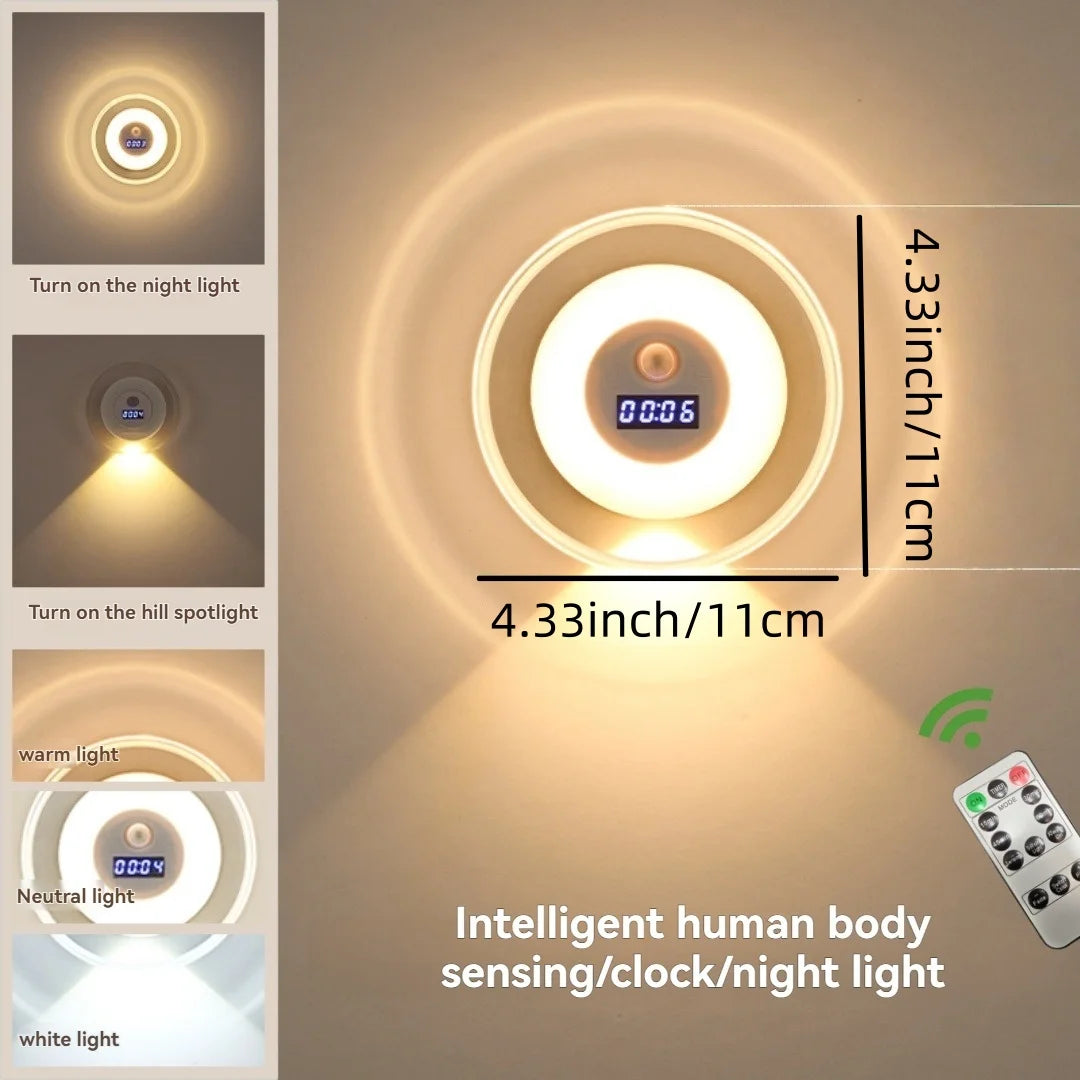 Smart LED Motion Sensor Night Light with Clock 3 Color Stepless Dimming Hill Wall Lamp USB Rechargeable Bedroom Ambient Light