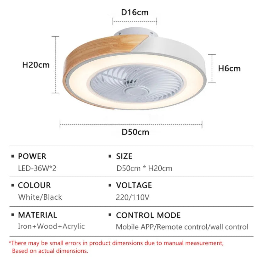Smart LED Ceiling Fan with Light Wood Living Room Bedroom APP Remote Control 6 Speed Low Floor Electric Fan 52CM Fan Lighting