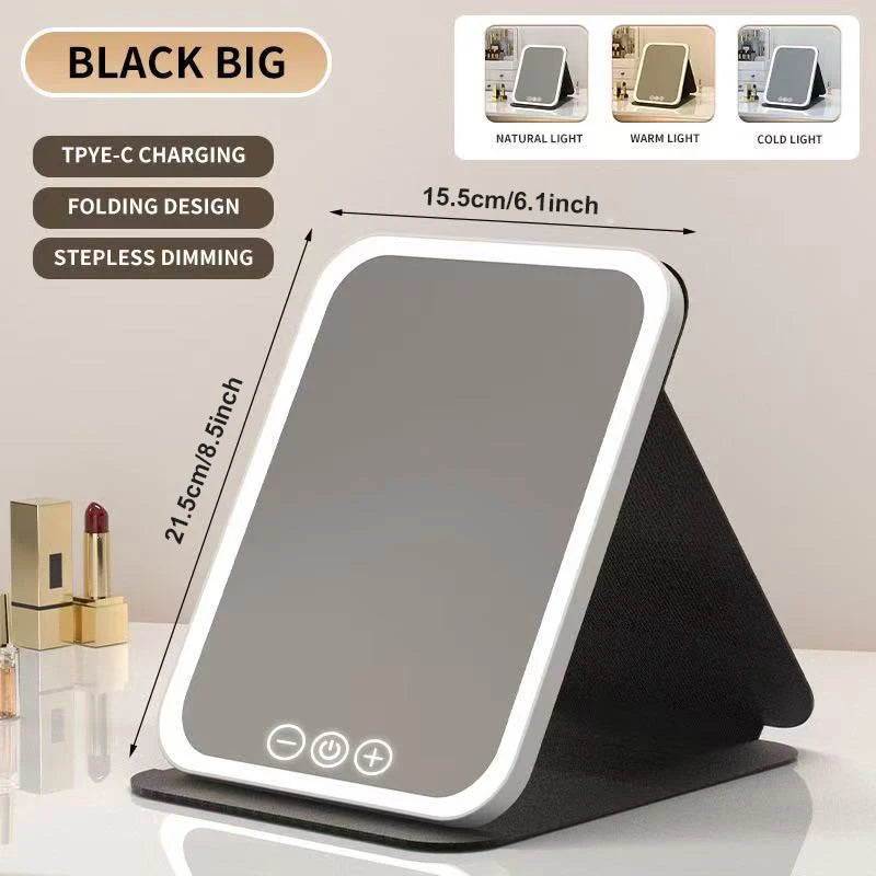 LED Makeup Mirror 3 Colors Light Portable Vanity with Adjustable Brightness USB Charging Foldable for Travel And Home Use