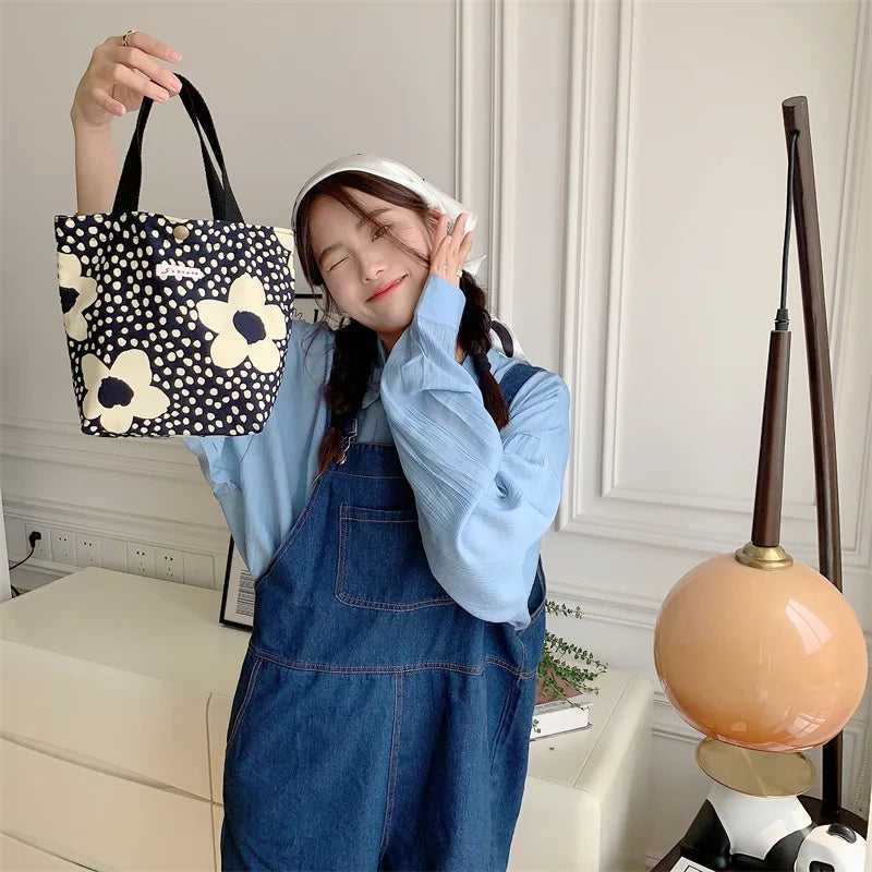 Women's Beauty Flower Canvas Bag Outside Shopping Toiletry Phone Oagnzier Storage Bags Korean Cloth Handbags Lunch Box Bento Bag