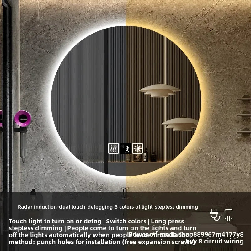 19 Inches Led Bathroom Anti-fog Luminous Makeup Sensor Wall Hanging Shower  Fashion Hotel Round Bathroom Mirror Intelligent