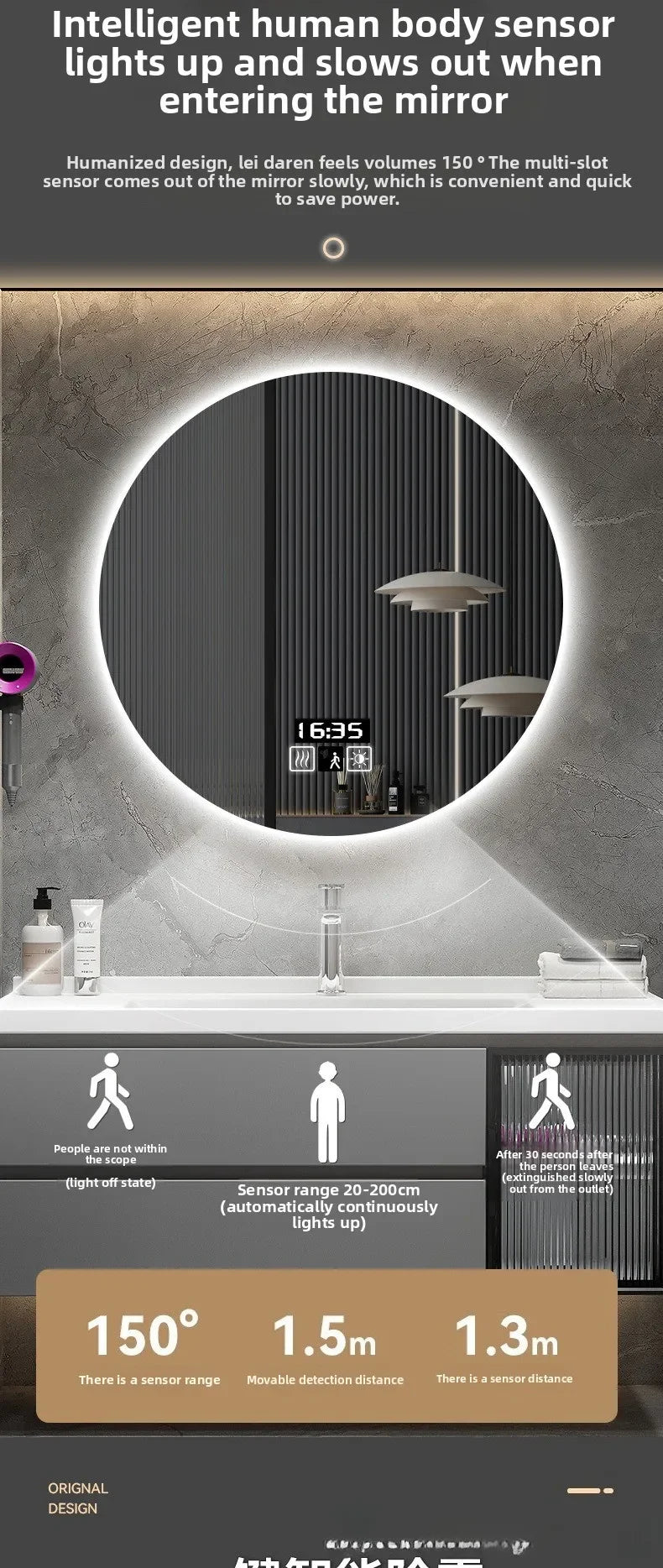 19 Inches Led Bathroom Anti-fog Luminous Makeup Sensor Wall Hanging Shower  Fashion Hotel Round Bathroom Mirror Intelligent