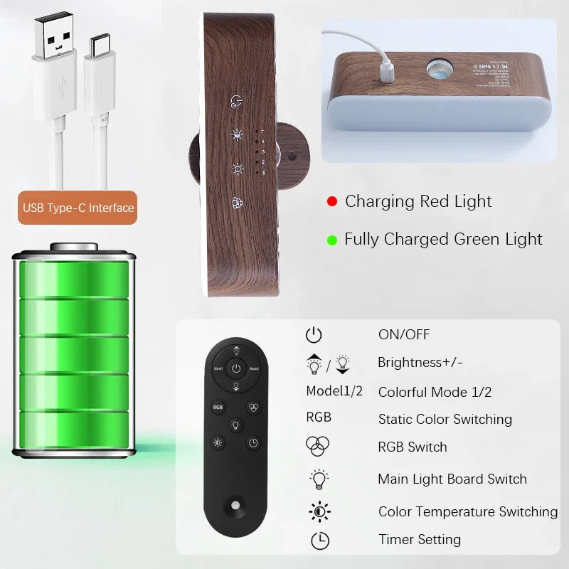 Smart LED Light, 3 Color Temperatures, 5-Level & Stepless Dimming, Remote & Touch Control, USB-C Rechargeable, Adjustable Angle
