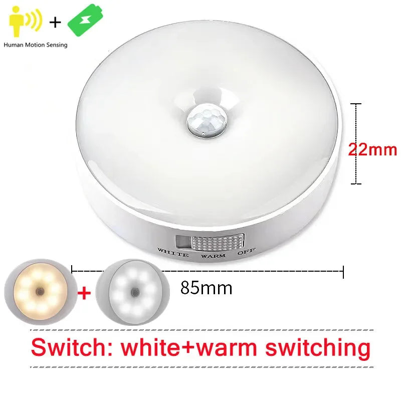 Motion Sensor Light LED USB NightLights Round Chargeable Lamp For Bedroom Kitchen Stair Hallway Wardrobe Lighting Cupboard Lamp