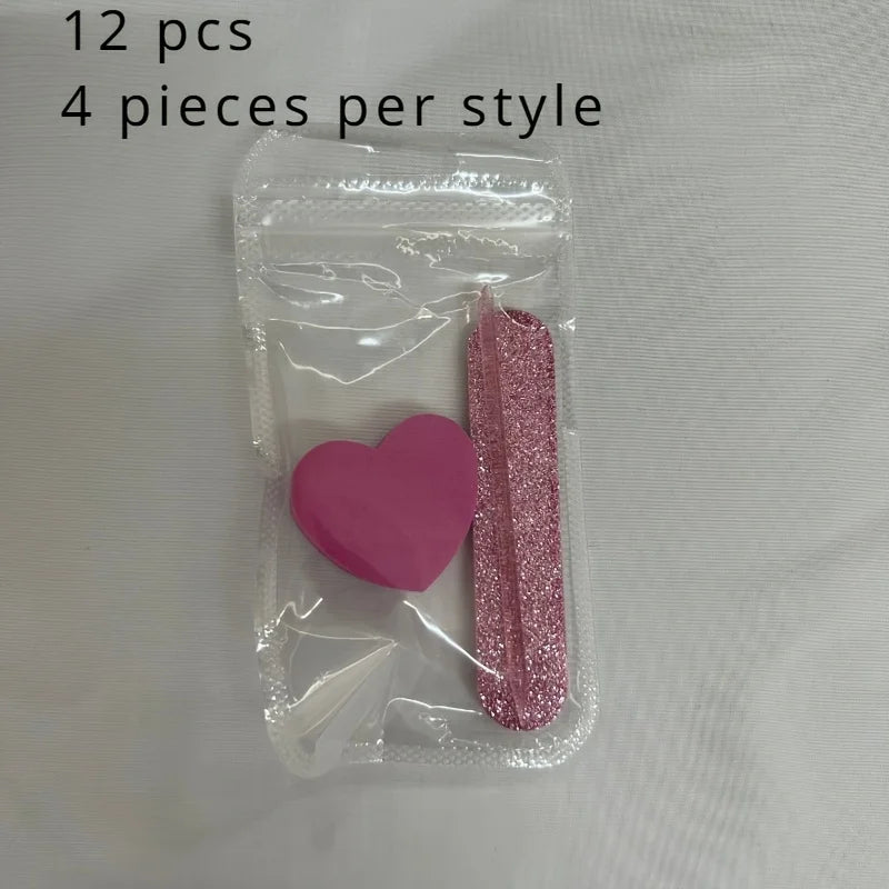12 piece set of pink glitter nail care kit - heart-shaped buffer, crystal rod, and double-sided file for nail art and pedicures