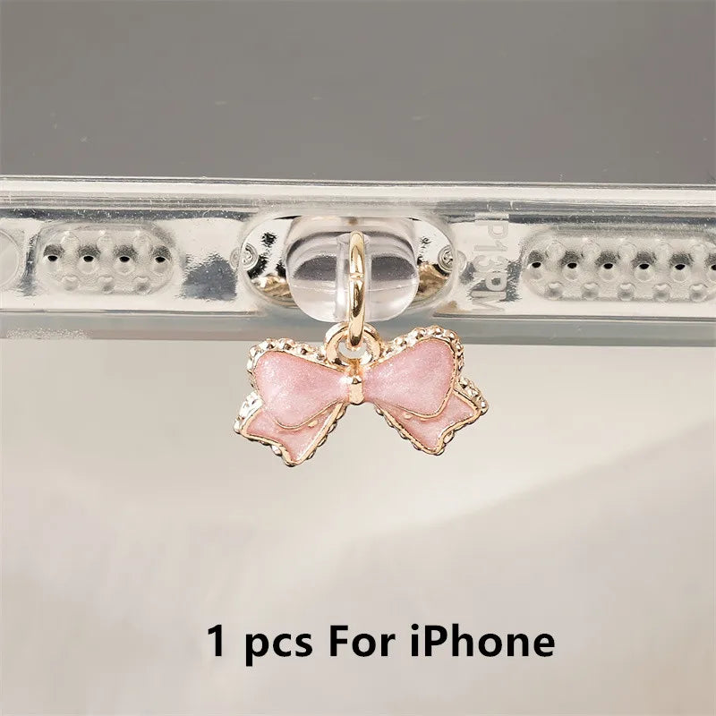 1pc Beautiful Pink and White Bowknot Phone Dust Plug for iPhone/Type-C /Android Mobile Phone Pendant Accessories Gift for Lovers