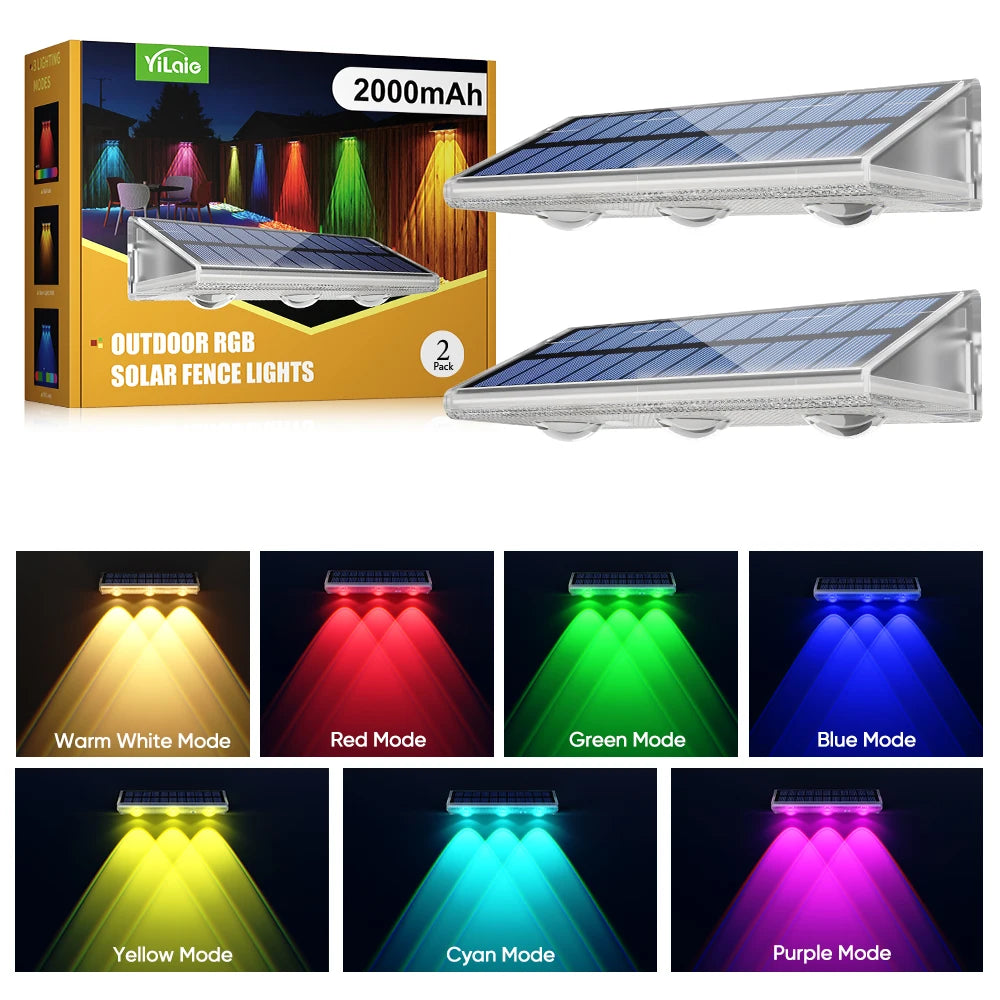High-end Solar LED Fence Light IP66 Waterproof Auto ON OFF Warm White 6 Colors 7 Modes Solar Wall Lamp for Backyard Outside
