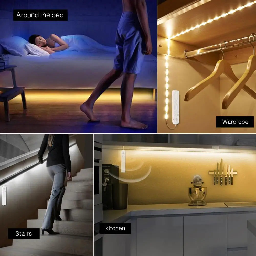 Wireless PIR Motion Sensor LED Strip Light for Cabinet under Bed Stairs Closet - Battery Powered Night Security Smart Lamp