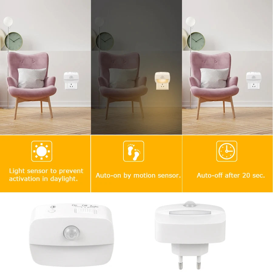 Motion Sensor LED Night Light EU US Plug in Socket Wall Lamp 3 Modes Wireless Night Lamp For Bedroom Hallway Stairs Kitchen Ligh